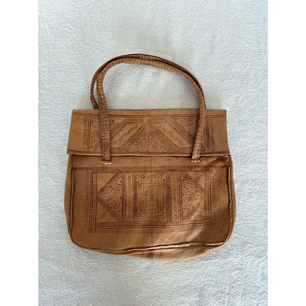 Vintage Moroccan Handmade Tooled & Embossed Tote Bag Leather Purse Chkara